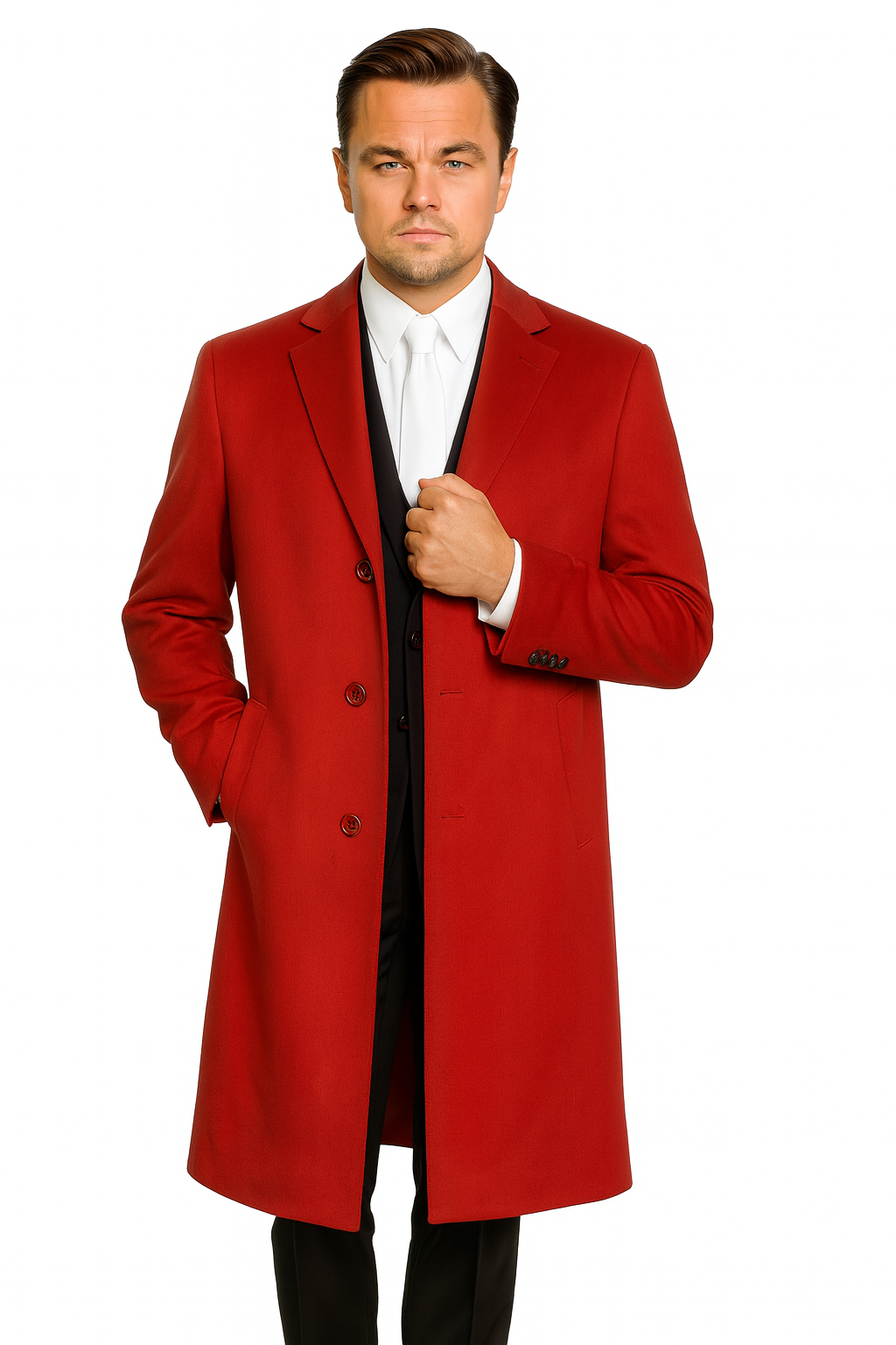 men's Three Buttons Red Wool Fabric Overcoat / Long men's Dress Topcoat - Winter coat $240