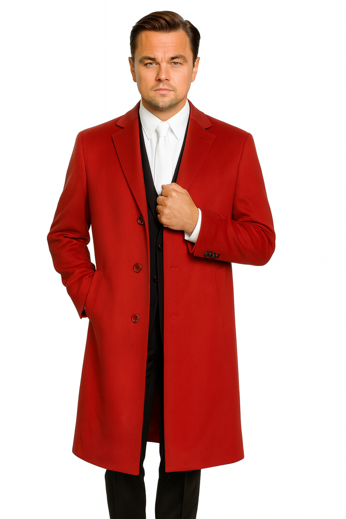 men's Three Buttons Red Wool Fabric Overcoat / Long men's Dress Topcoat - Winter coat $240