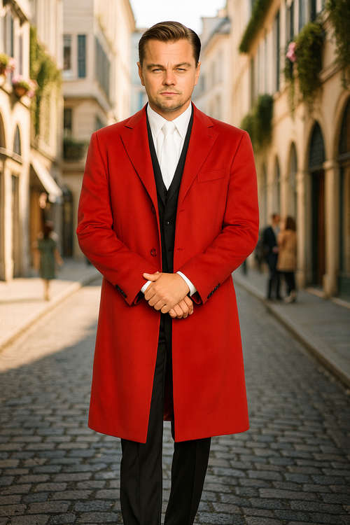 men's Three Buttons Red Wool Fabric Overcoat / Long men's Dress Topcoat - Winter coat $240