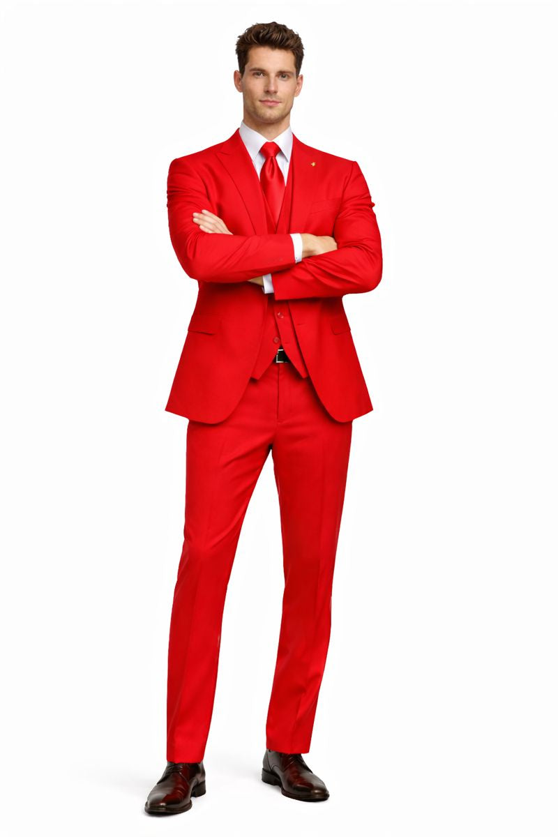 Mens Red Matching Suit Brand Vest 3 Piece Suit-New Designer Collection - 36 Regular Jacket+30 Waist Adjustable 26to32)Height: 5'7"-6')(Neck: 14.5-16:S)