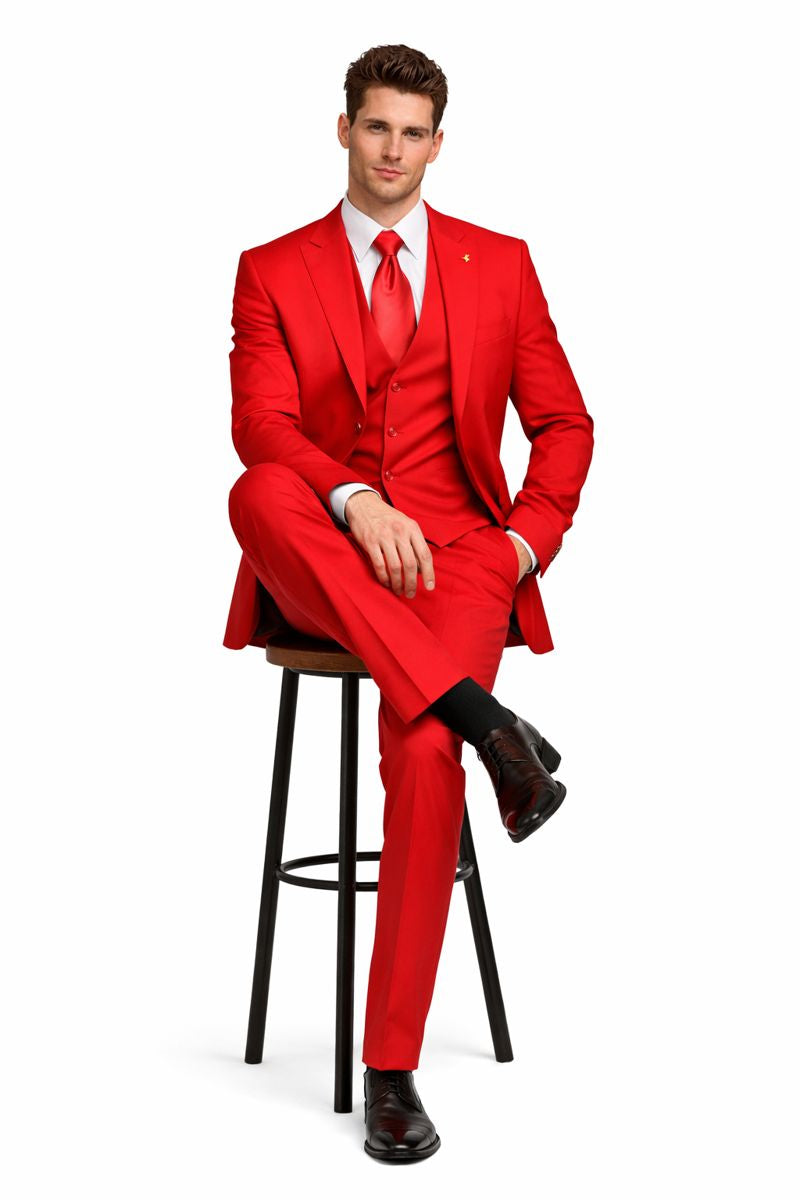 Mens Red Matching Suit Brand Vest 3 Piece Suit-New Designer Collection - 36 Regular Jacket+30 Waist Adjustable 26to32)Height: 5'7"-6')(Neck: 14.5-16:S)