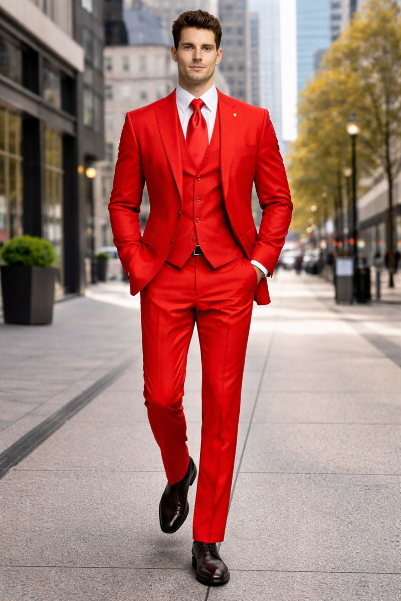 Mens Red Matching Suit Brand Vest 3 Piece Suit-New Designer Collection - 36 Regular Jacket+30 Waist Adjustable 26to32)Height: 5'7"-6')(Neck: 14.5-16:S)