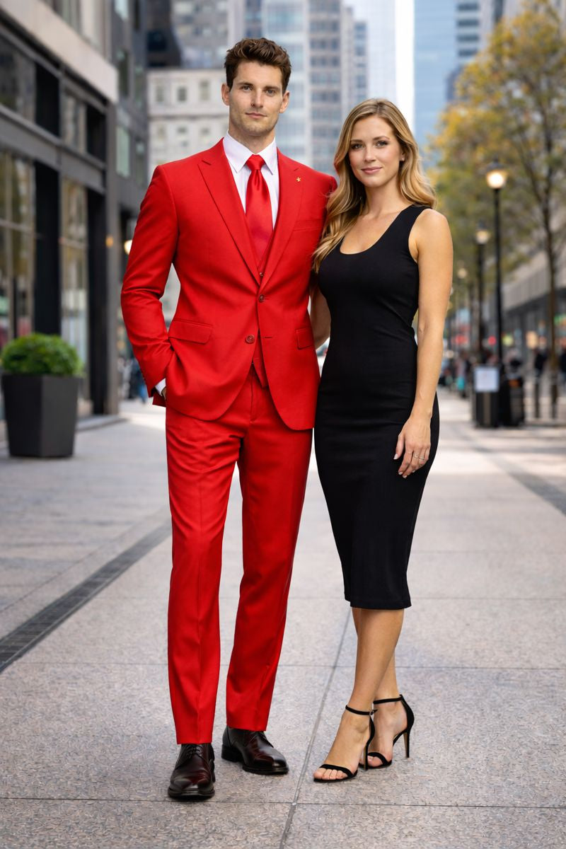 Mens Red Matching Suit Brand Vest 3 Piece Suit-New Designer Collection - 36 Regular Jacket+30 Waist Adjustable 26to32)Height: 5'7"-6')(Neck: 14.5-16:S)
