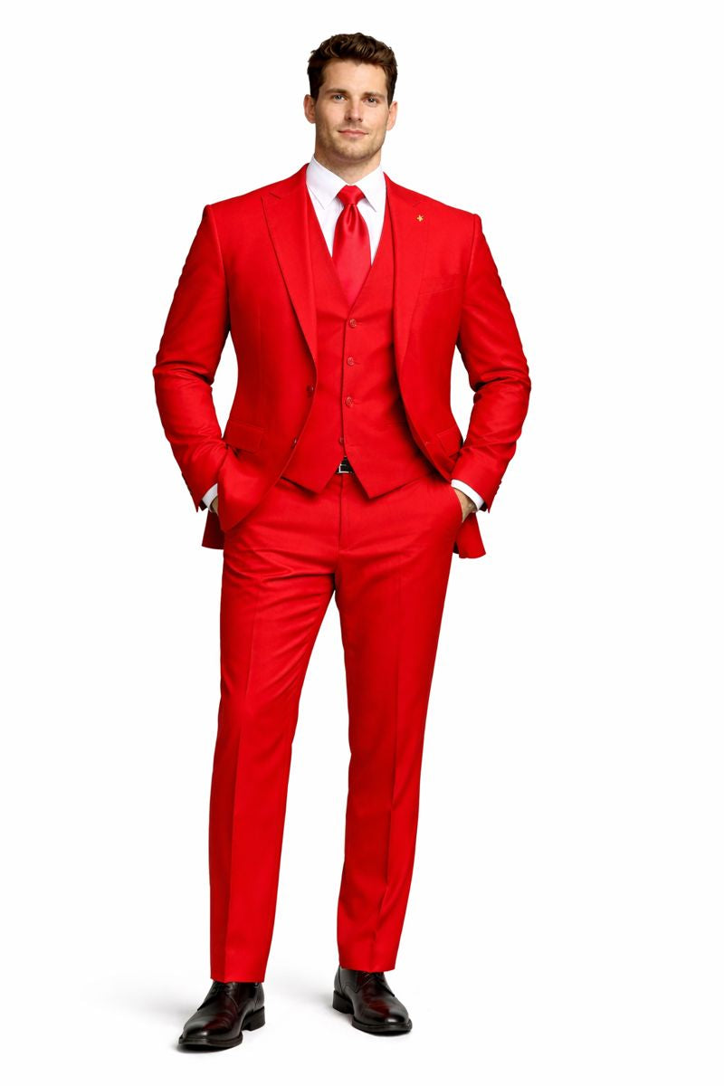 Mens Red Matching Suit Brand Vest 3 Piece Suit-New Designer Collection - 36 Regular Jacket+30 Waist Adjustable 26to32)Height: 5'7"-6')(Neck: 14.5-16:S)