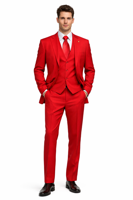 Mens Red Matching Suit Brand Vest 3 Piece Suit-New Designer Collection