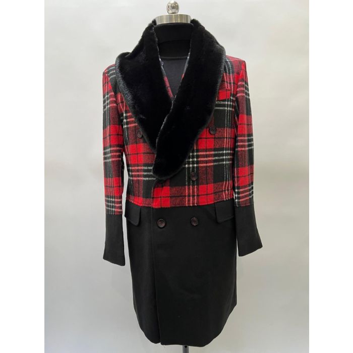 Mens Plaid Overcoat - Red Wool Peacoat - Plaid Topcoats - Coat Size 38