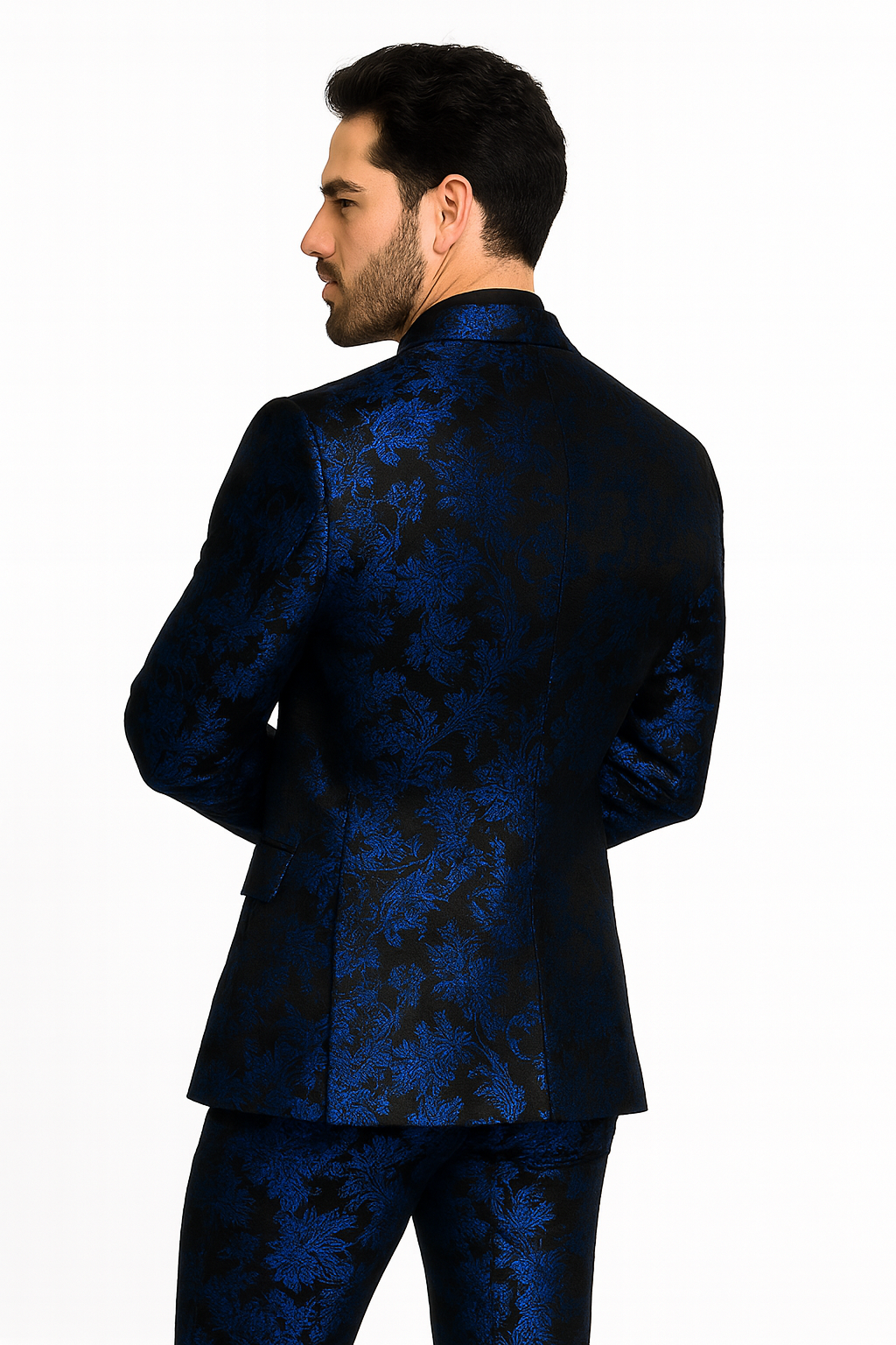 Men’s Royal Blue and Black Floral Tuxedo Suit – Slim Fit 2 Piece Formal Outfit with Matching Bow Tie - New Arrival - 34 Short or Extra Small