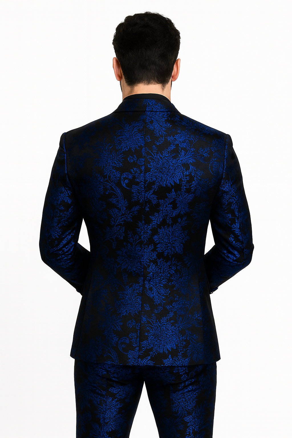 Men’s Royal Blue and Black Floral Tuxedo Suit – Slim Fit 2 Piece Formal Outfit with Matching Bow Tie - New Arrival - 34 Short or Extra Small