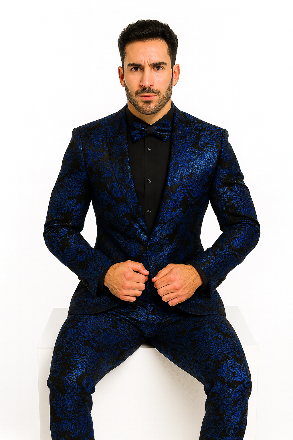 Men’s Royal Blue and Black Floral Tuxedo Suit – Slim Fit 2 Piece Formal Outfit with Matching Bow Tie - New Arrival - 34 Short or Extra Small