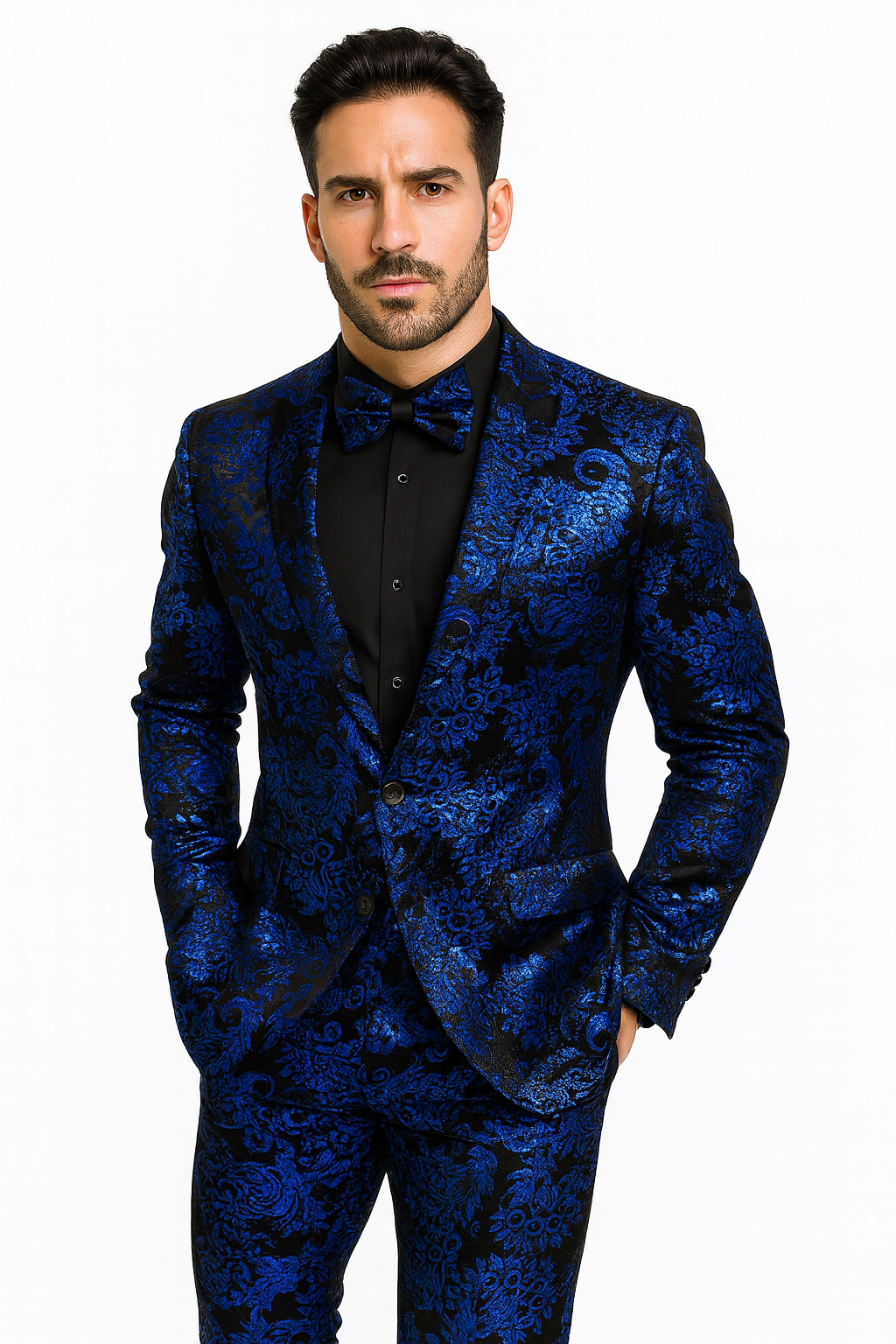 Men’s Royal Blue and Black Floral Tuxedo Suit – Slim Fit 2 Piece Formal Outfit with Matching Bow Tie - New Arrival - 34 Short or Extra Small