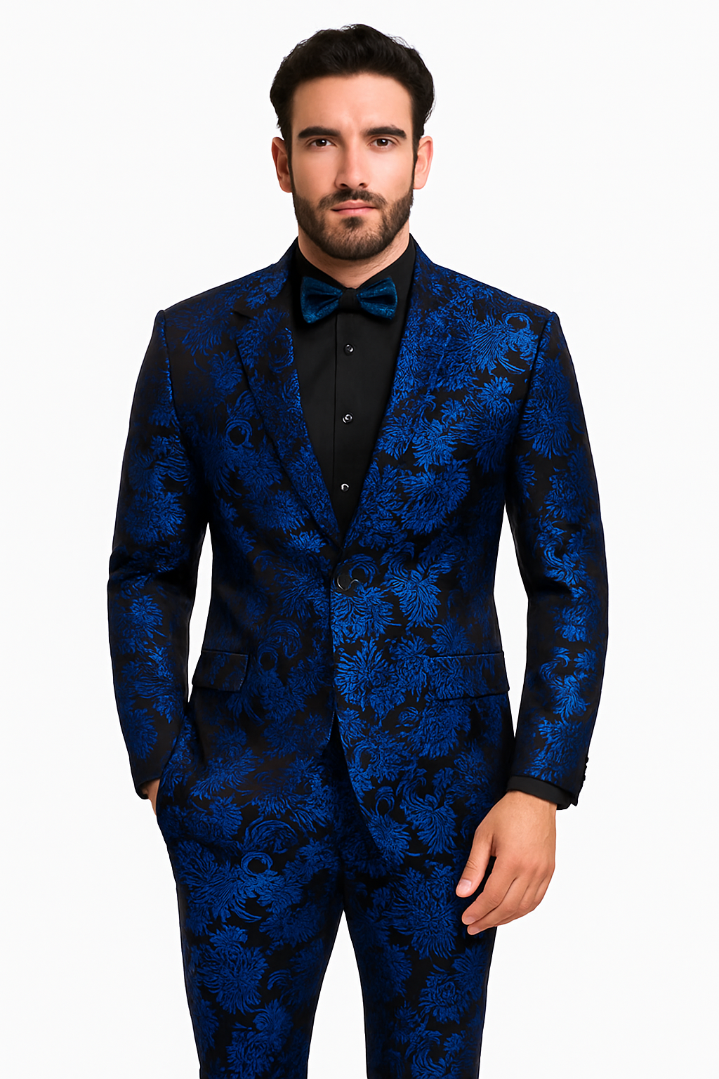 Men’s Royal Blue and Black Floral Tuxedo Suit – Slim Fit 2 Piece Formal Outfit with Matching Bow Tie - New Arrival - 34 Short or Extra Small