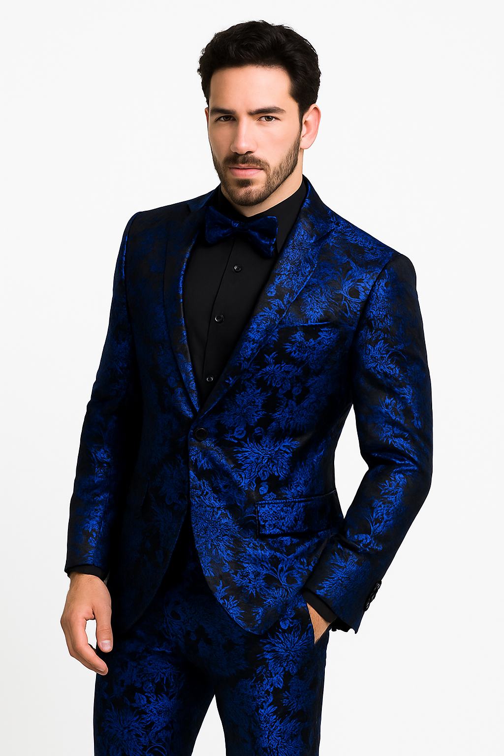 Men’s Royal Blue and Black Floral Tuxedo Suit – Slim Fit 2 Piece Formal Outfit with Matching Bow Tie - New Arrival - 34 Short or Extra Small