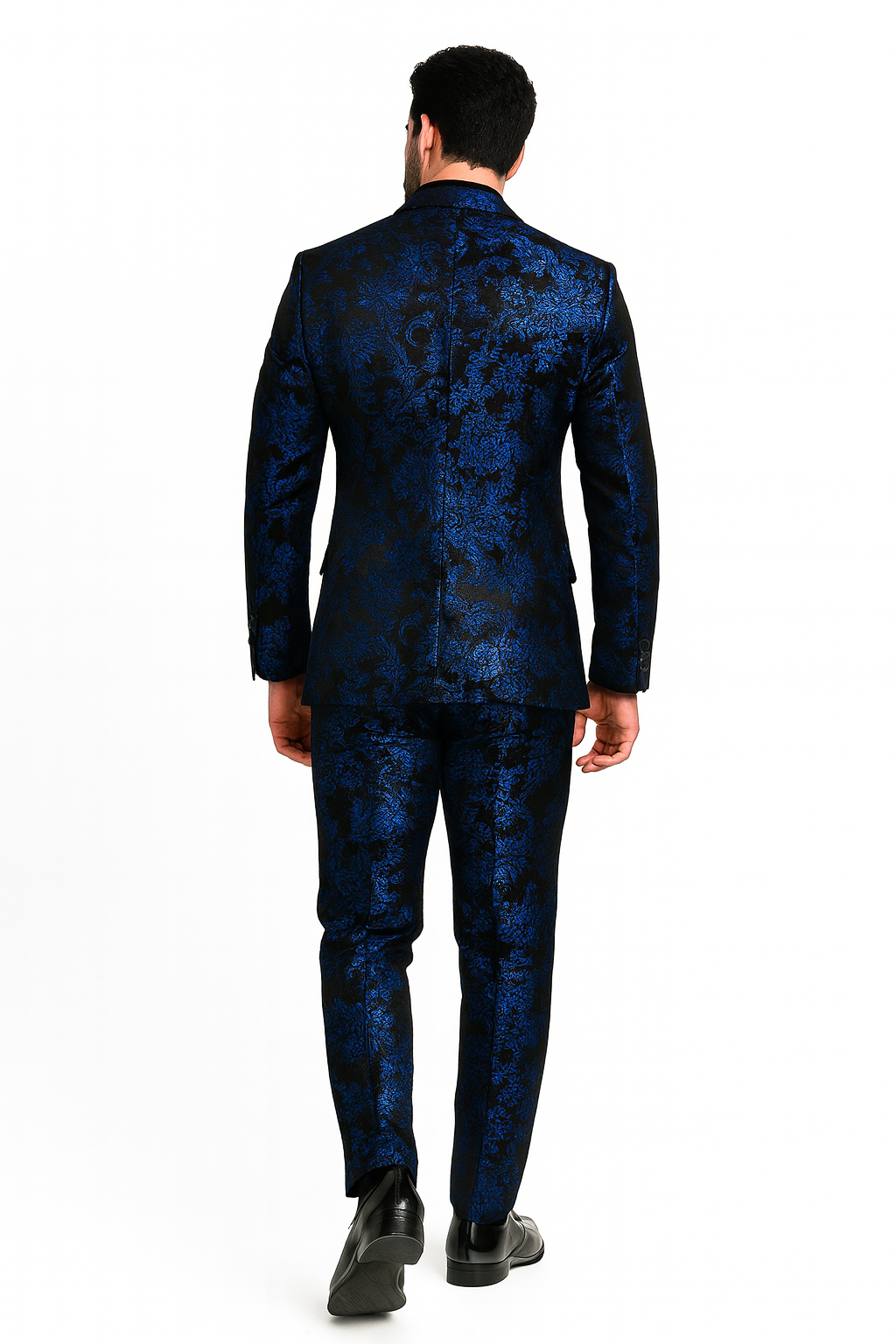 Men’s Royal Blue and Black Floral Tuxedo Suit – Slim Fit 2 Piece Formal Outfit with Matching Bow Tie - New Arrival - 34 Short or Extra Small