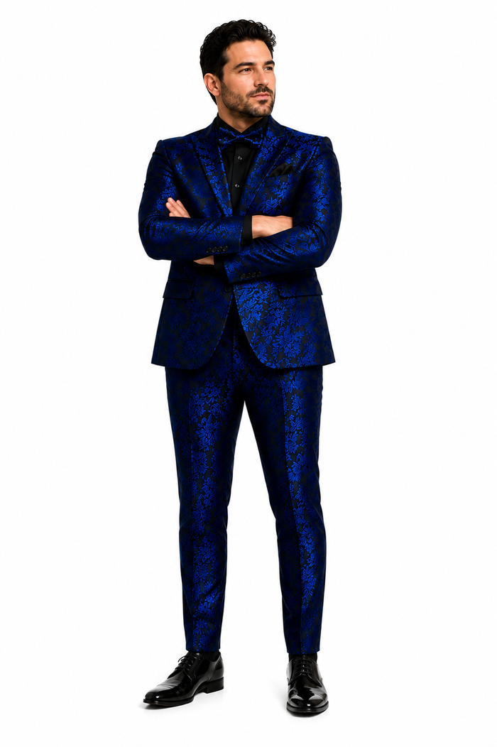 Mens Royal Blue and Black Floral Tuxedo Suit - Slim Fit 2 Piece Formal Outfit with Matching Bow Tie - New Arrival