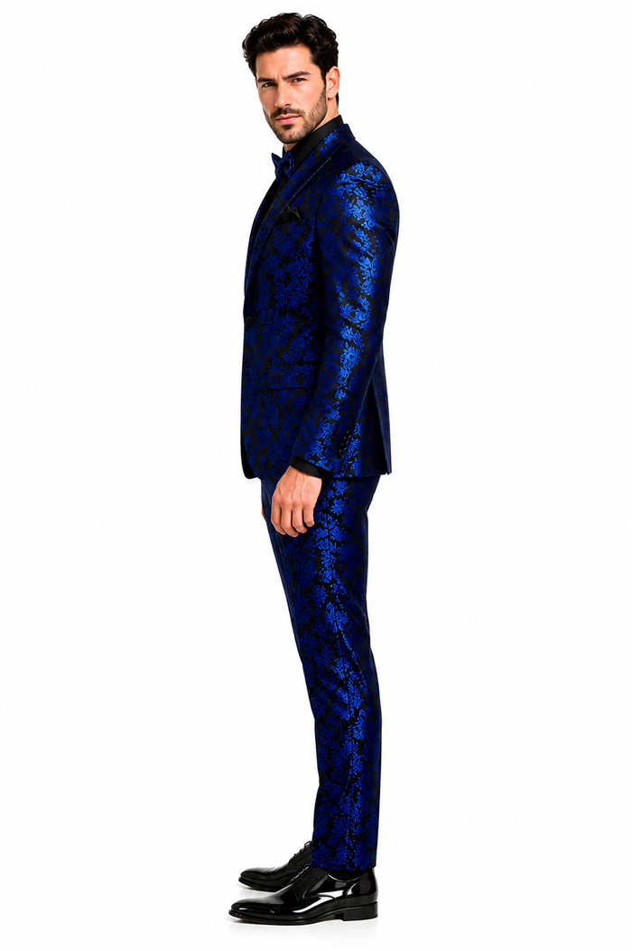 Mens Royal Blue and Black Floral Tuxedo Suit - Slim Fit 2 Piece Formal Outfit with Matching Bow Tie - New Arrival
