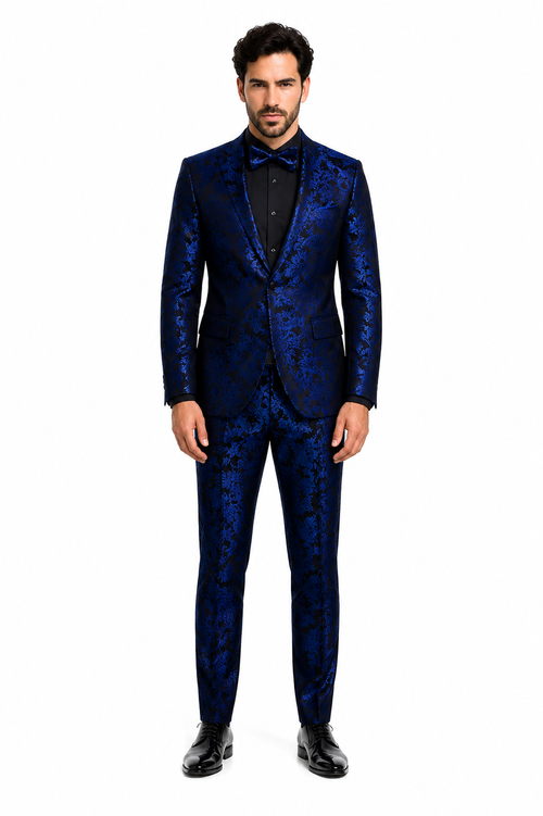 Mens Royal Blue and Black Floral Tuxedo Suit - Slim Fit 2 Piece Formal Outfit with Matching Bow Tie - New Arrival