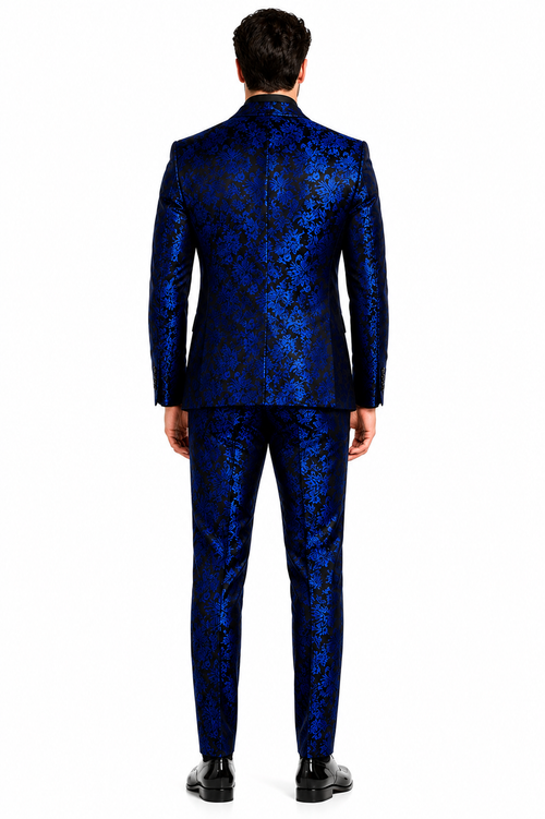 Mens Royal Blue and Black Floral Tuxedo Suit - Slim Fit 2 Piece Formal Outfit with Matching Bow Tie - New Arrival