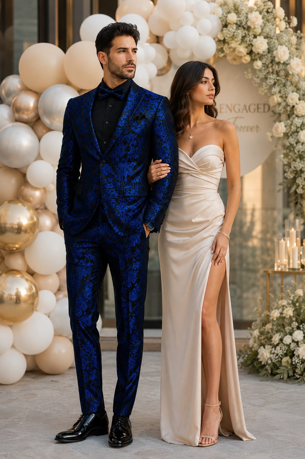 Mens Royal Blue and Black Floral Tuxedo Suit - Slim Fit 2 Piece Formal Outfit with Matching Bow Tie - New Arrival