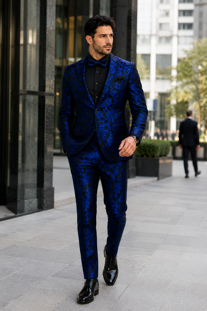 Mens Royal Blue and Black Floral Tuxedo Suit - Slim Fit 2 Piece Formal Outfit with Matching Bow Tie - New Arrival