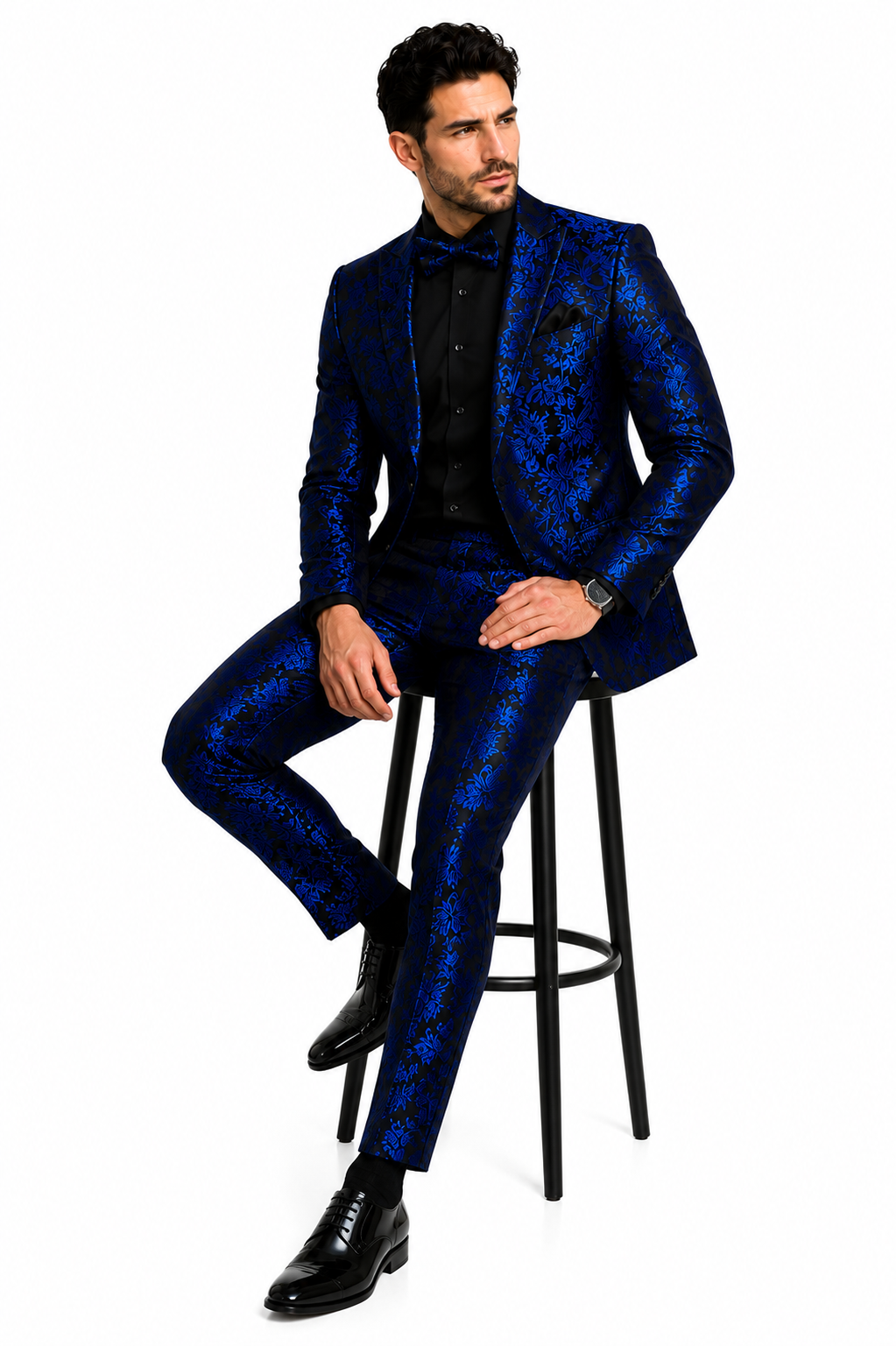 Mens Royal Blue and Black Floral Tuxedo Suit - Slim Fit 2 Piece Formal Outfit with Matching Bow Tie - New Arrival