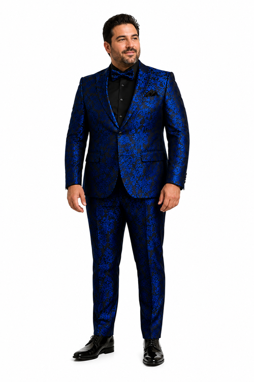 Mens Royal Blue and Black Floral Tuxedo Suit - Slim Fit 2 Piece Formal Outfit with Matching Bow Tie - New Arrival