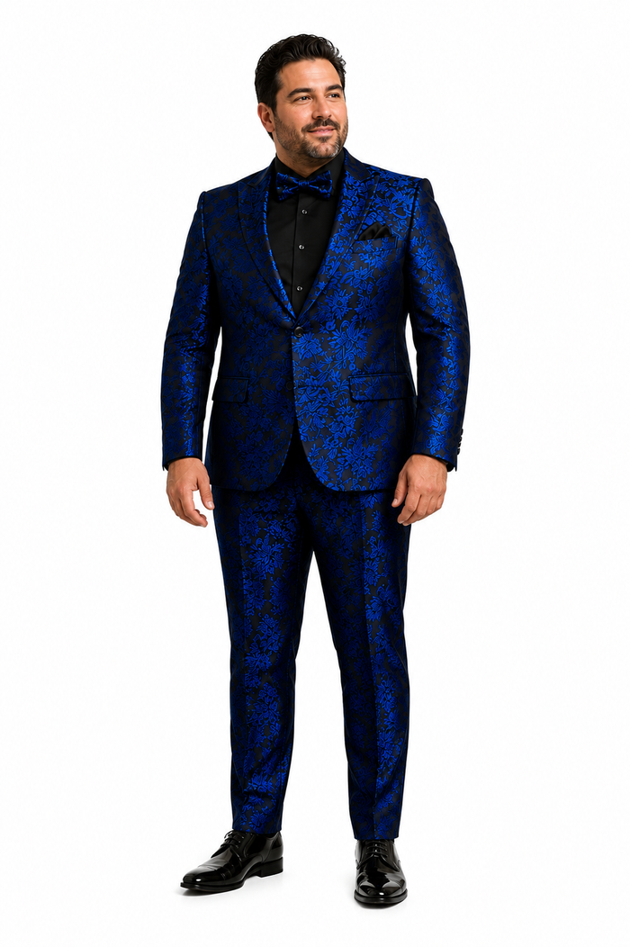 Mens Royal Blue and Black Floral Tuxedo Suit - Slim Fit 2 Piece Formal Outfit with Matching Bow Tie - New Arrival
