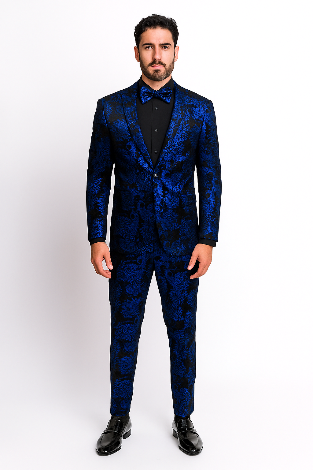 Men’s Royal Blue and Black Floral Tuxedo Suit – Slim Fit 2 Piece Formal Outfit with Matching Bow Tie - New Arrival - 34 Short or Extra Small