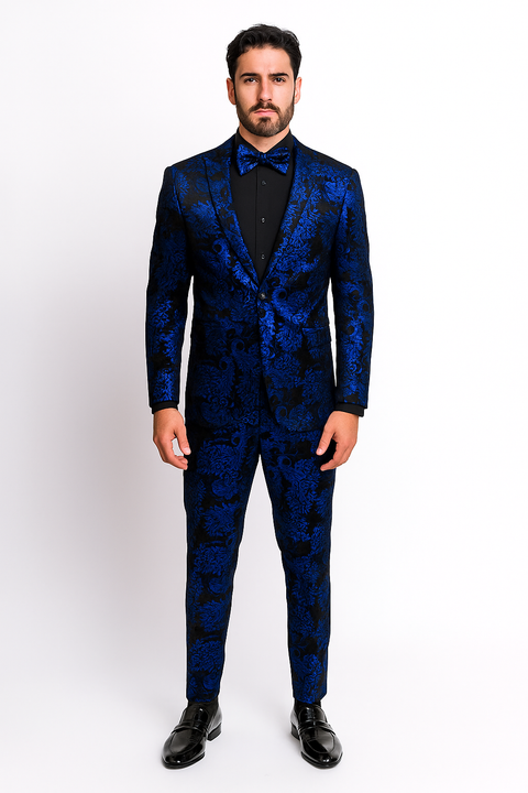 Men’s Royal Blue and Black Floral Tuxedo Suit – Slim Fit 2 Piece Formal Outfit with Matching Bow Tie - New Arrival