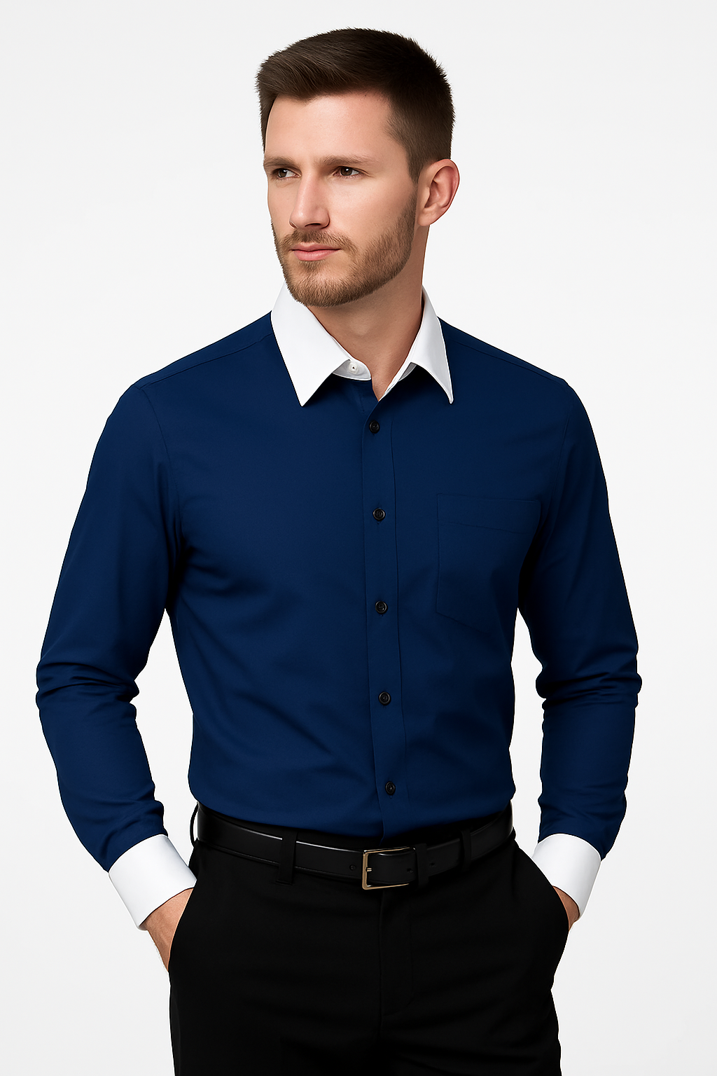 Classic Stylish Fashionable -White Collar Two Toned Contrast white collars Multi-color Men's Dress Shirt - Medium 15.5" Neck / 34-35" Sleeve