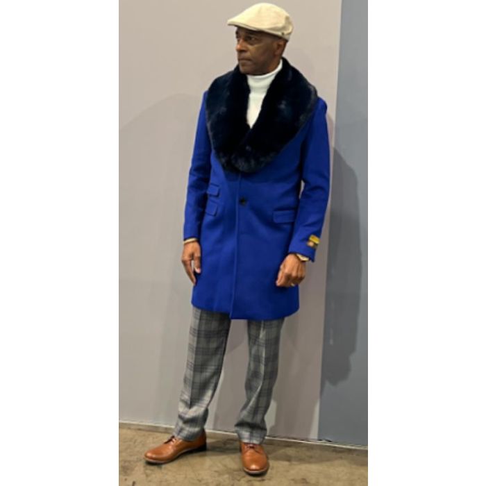 Mens Royal Blue Overcoat With Fur Collar - Royal Blue Wool Topcoat