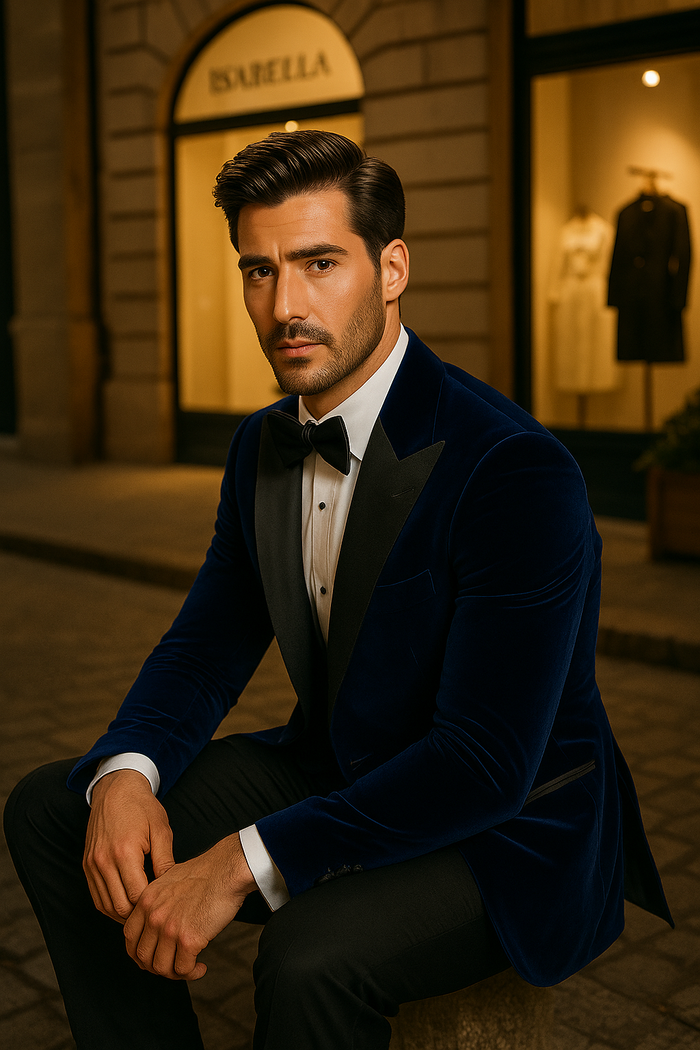 Mens Royal Blue Prom 2026 Tuxedo - Mens Designer Velvet Tuxedo Dinner Jacket in Dark Royal Blue