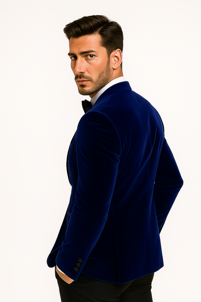Mens Royal Blue Prom 2026 Tuxedo - Mens Designer Velvet Tuxedo Dinner Jacket in Dark Royal Blue