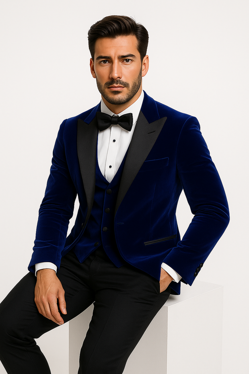 Mens Royal Blue Prom 2026 Tuxedo - Mens Designer Velvet Tuxedo Dinner Jacket in Dark Royal Blue