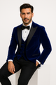 Mens Royal Blue Prom 2025 Tuxedo - Mens Designer Velvet Tuxedo Dinner Jacket in Dark Royal Blue