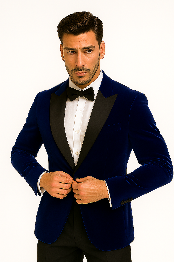 Mens Royal Blue Prom 2026 Tuxedo - Mens Designer Velvet Tuxedo Dinner Jacket in Dark Royal Blue
