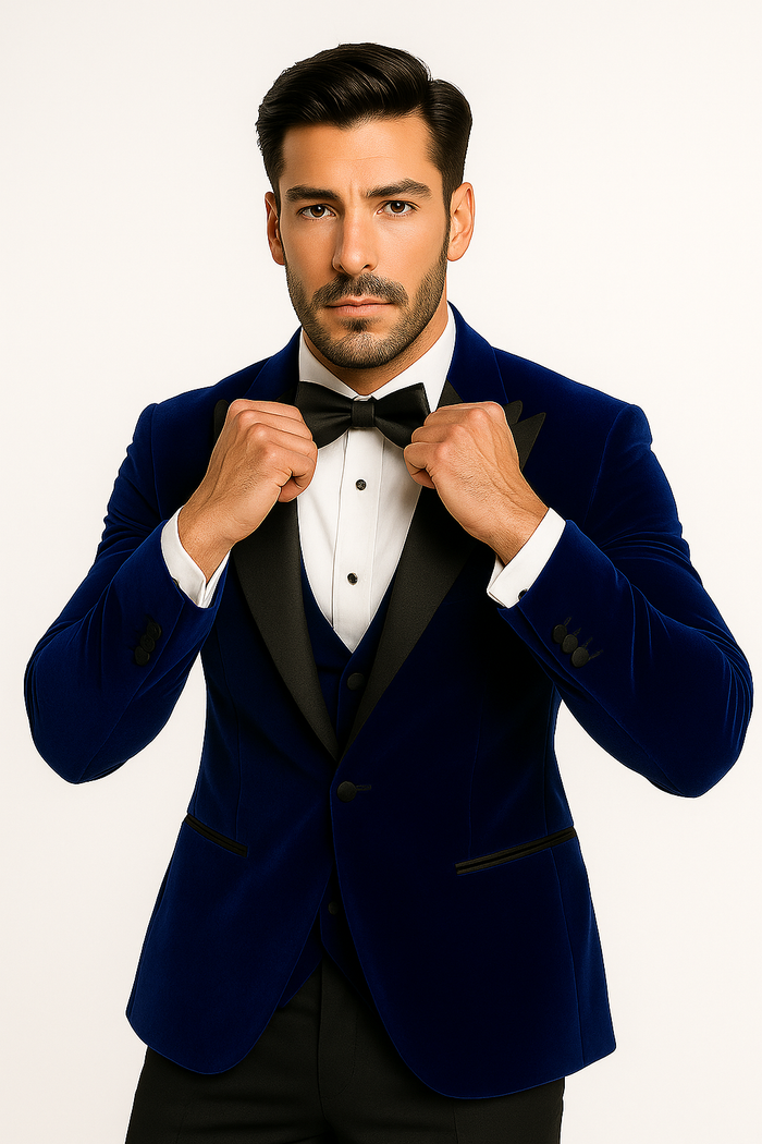 Mens Royal Blue Prom 2026 Tuxedo - Mens Designer Velvet Tuxedo Dinner Jacket in Dark Royal Blue