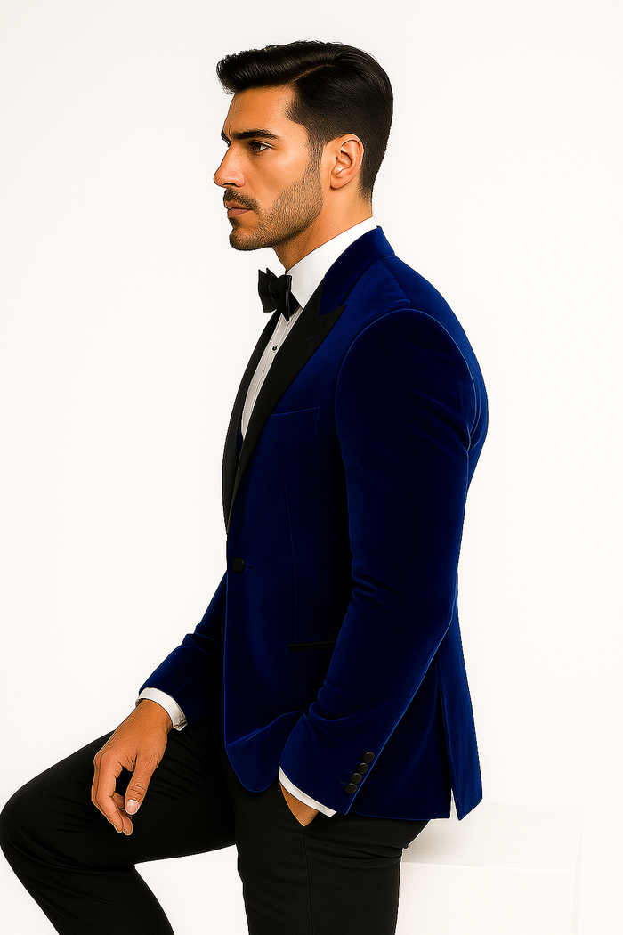 Mens Royal Blue Prom 2026 Tuxedo - Mens Designer Velvet Tuxedo Dinner Jacket in Dark Royal Blue