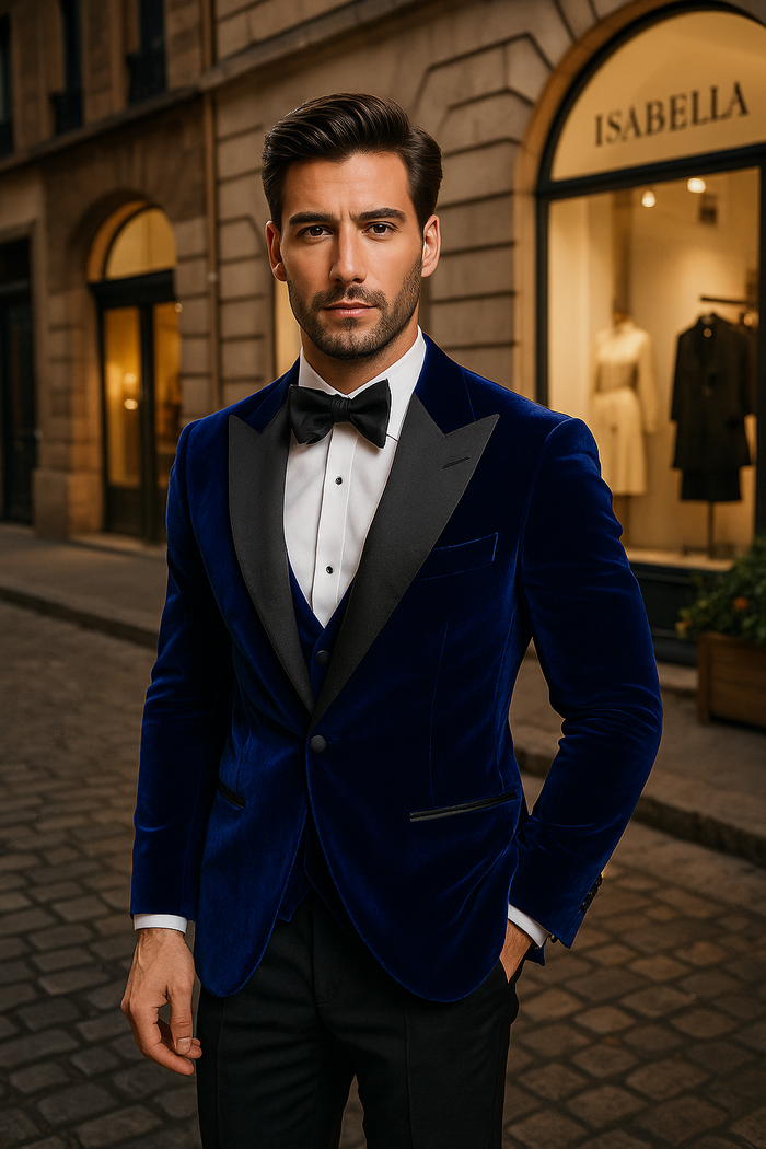Mens Royal Blue Prom 2026 Tuxedo - Mens Designer Velvet Tuxedo Dinner Jacket in Dark Royal Blue