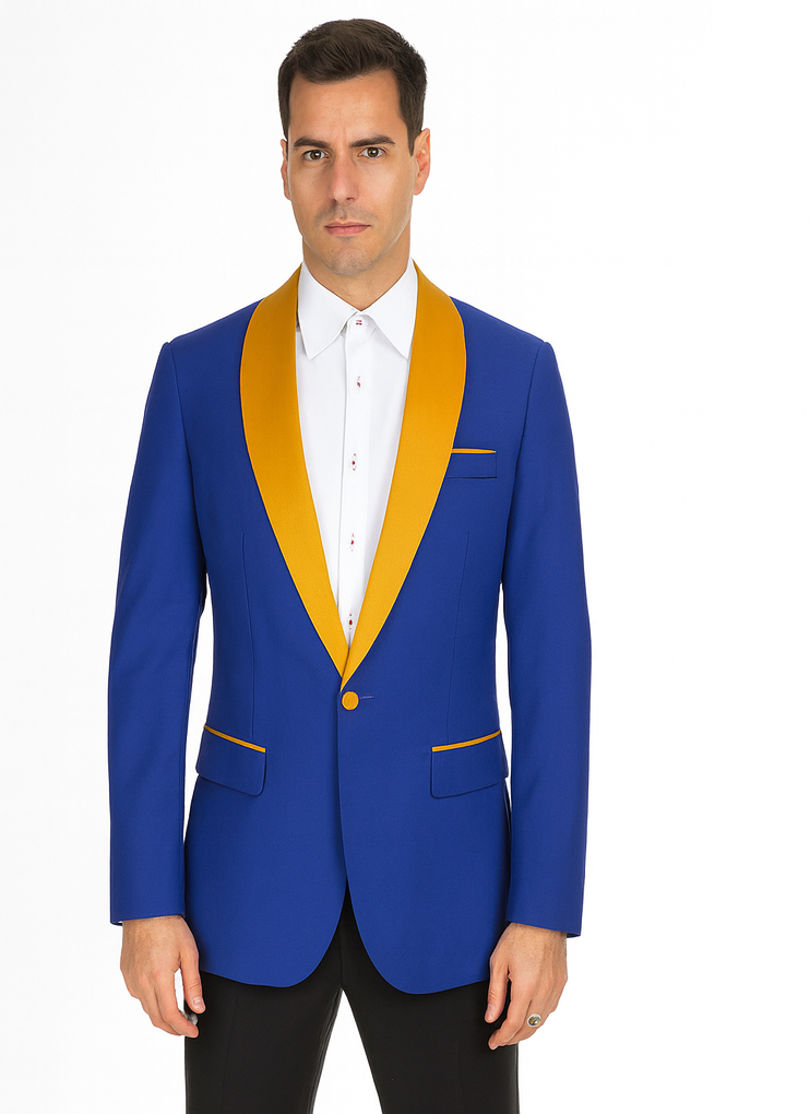 Mens Royal Blue Prom 2026 Tuxedo - Mens One Button Contrast Shawl Collar Dinner Jacket Royal Blue & Gold