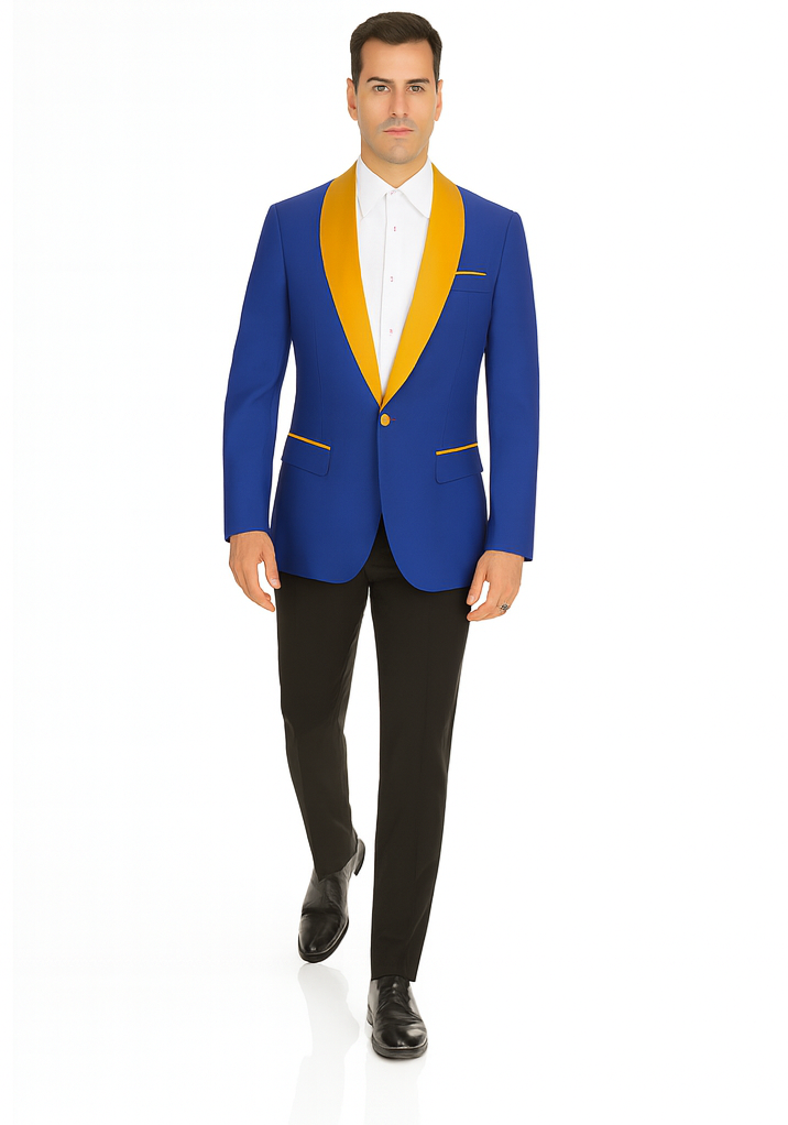 Mens Royal Blue Prom 2025 Tuxedo - Mens One Button Contrast Shawl Collar Dinner Jacket Royal Blue & Gold - 52 Long
