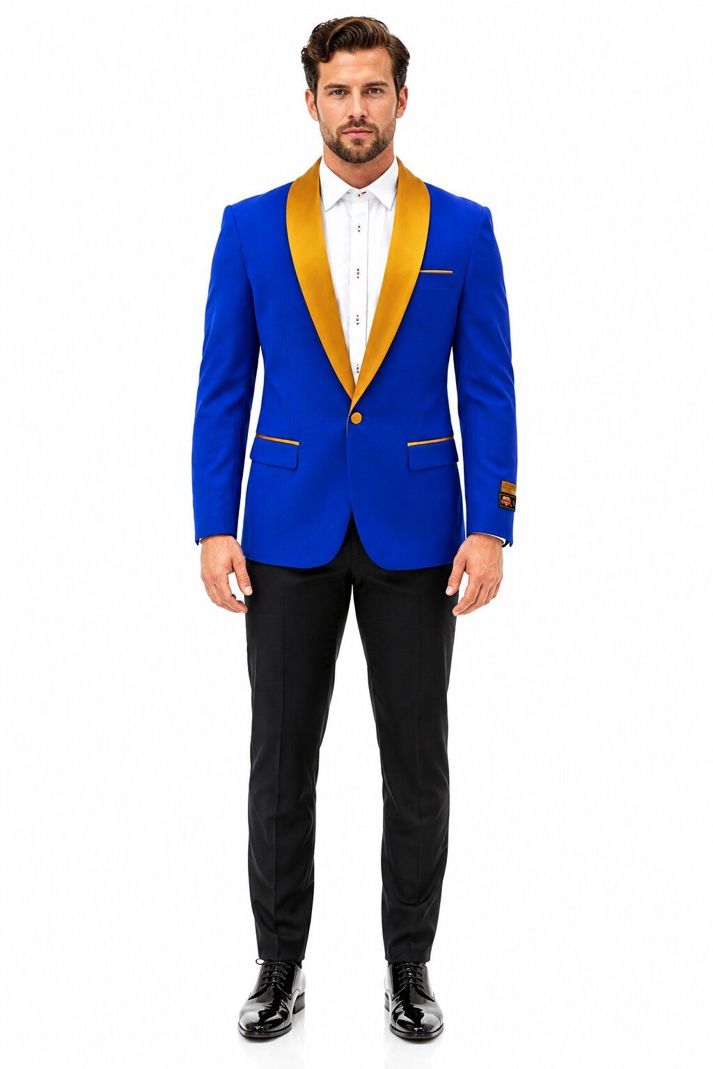 Mens Royal Blue Prom 2026 Tuxedo - Mens One Button Contrast Shawl Collar Dinner Jacket Royal Blue & Gold - 52 Long