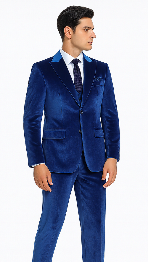 Mens Royal Blue Velvet Suit | Tazzio 2-Piece Slim Fit Designer Formalwear