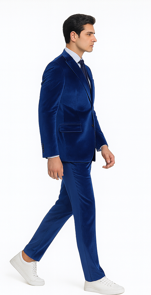 Mens Royal Blue Velvet Suit | Tazzio 2-Piece Slim Fit Designer Formalwear