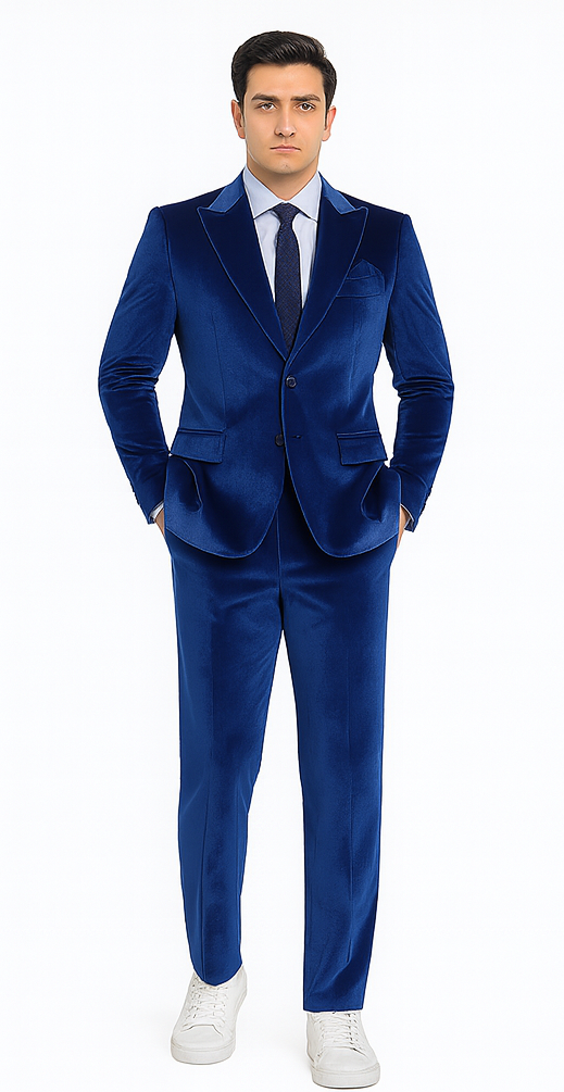 Mens Royal Blue Velvet Suit | Tazzio 2-Piece Slim Fit Designer Formalwear