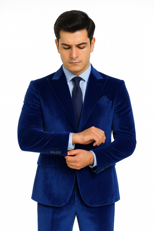 Mens Royal Blue Velvet Suit | Tazzio 2-Piece Slim Fit Designer Formalwear