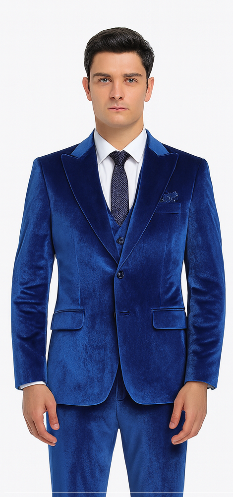 Mens Royal Blue Velvet Suit | Tazzio 2-Piece Slim Fit Designer Formalwear