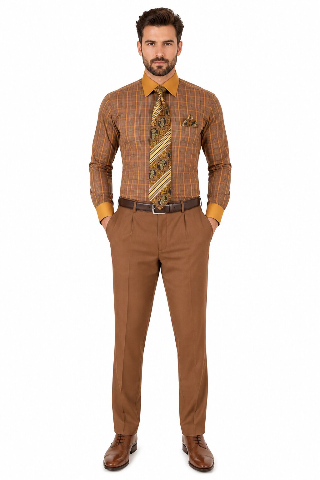 Mens Rust Tone on Tone Check Pattern Dress Shirt