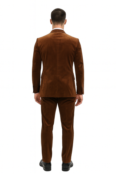 Mens Brown Velvet 2-Piece Suit Luxury Slim Fit Formal Blazer and Pants Set in Rust Copper Color
