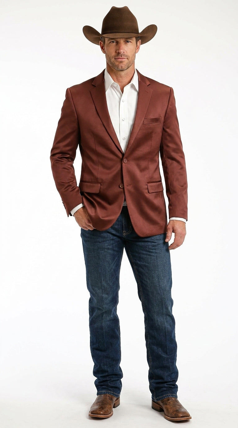 Mens Rust Light Brown Shiny Western Blazer – Cowboy Style Formal Sport Coat Jacket in Copper Color Slim Fitted - 34 Short