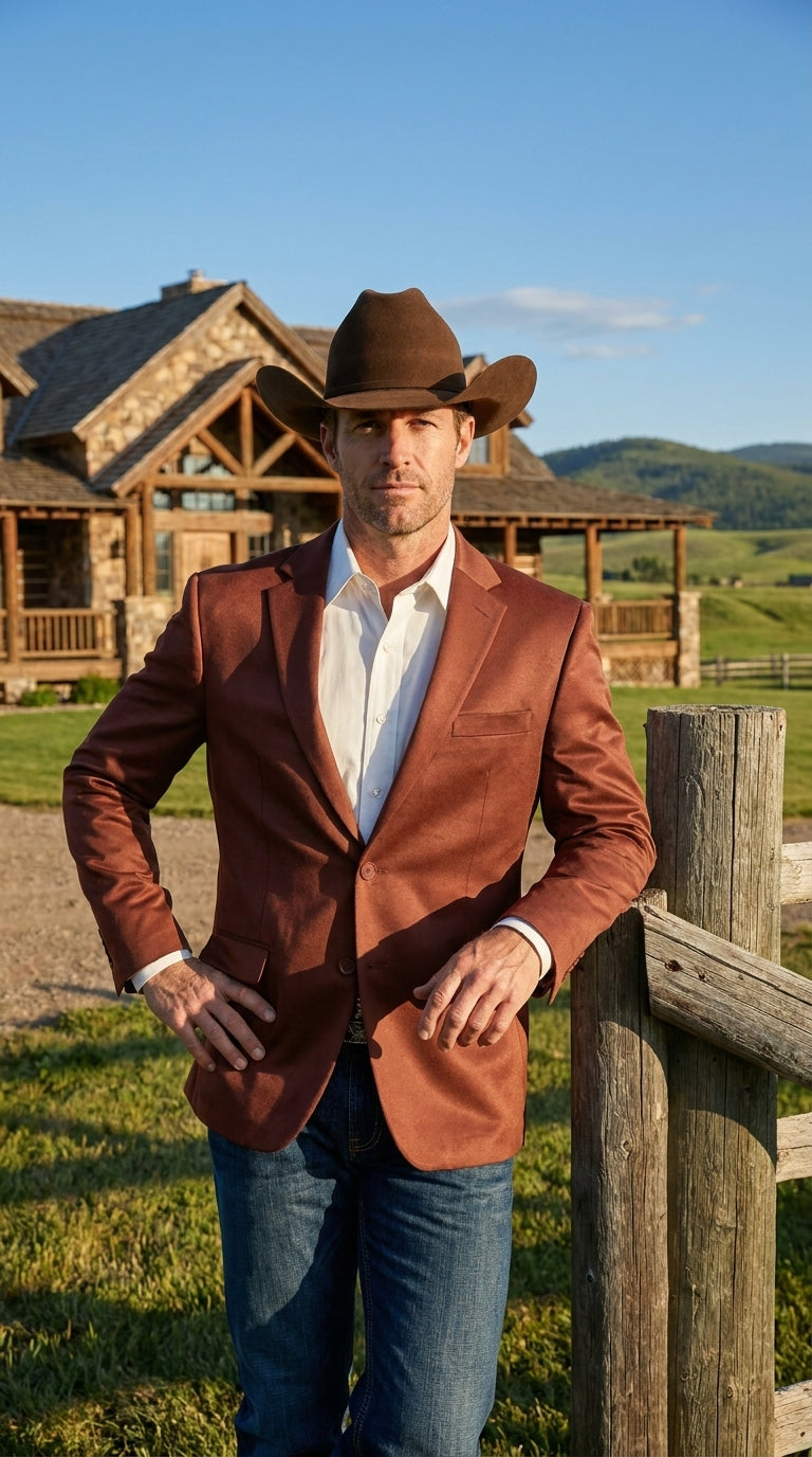 Mens Rust Light Brown Shiny Western Blazer – Cowboy Style Formal Sport Coat Jacket in Copper Color Slim Fitted - 34 Short